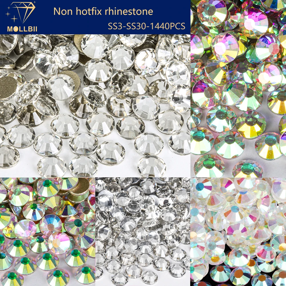 MollBii سلسلة بيضاء SS3-SS30 أحجار الراين غير الإصلاحية فائقة الجودة بريق الأحجار الكريمة المسطحة لملحقات الأظافر عمليات تجميل الأظافر