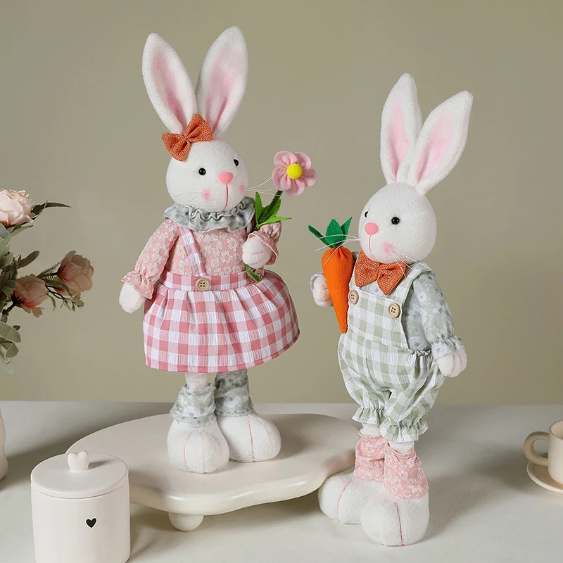 

Retractable Leg Bunny Dwarf Doll Easter Decorative Rabbit Cartoon Couple Rabbit Doll Home Ornament Overalls Skirt Bunny Doll