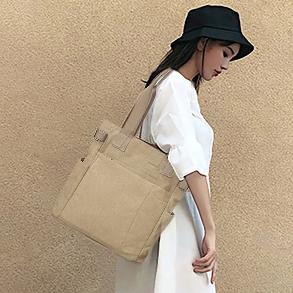 

Women Canvas Tote Bag Large Capacity Design For Woman Shoulder Bag Casual New Female Handbags Cloth Leisure Zipper Khaki Pocket