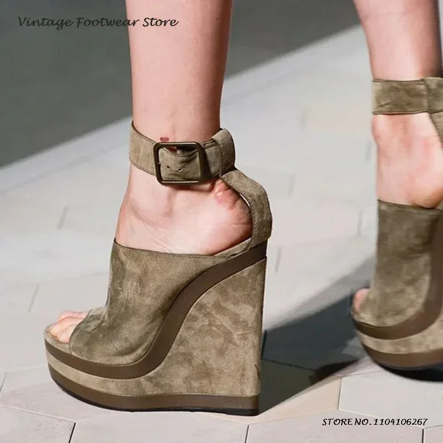 

Women's Suede Wedges Platform Sandals Round Open Toe Buckle Strap High Heels Summer Cover Heel Height Increasing Dress Shoes