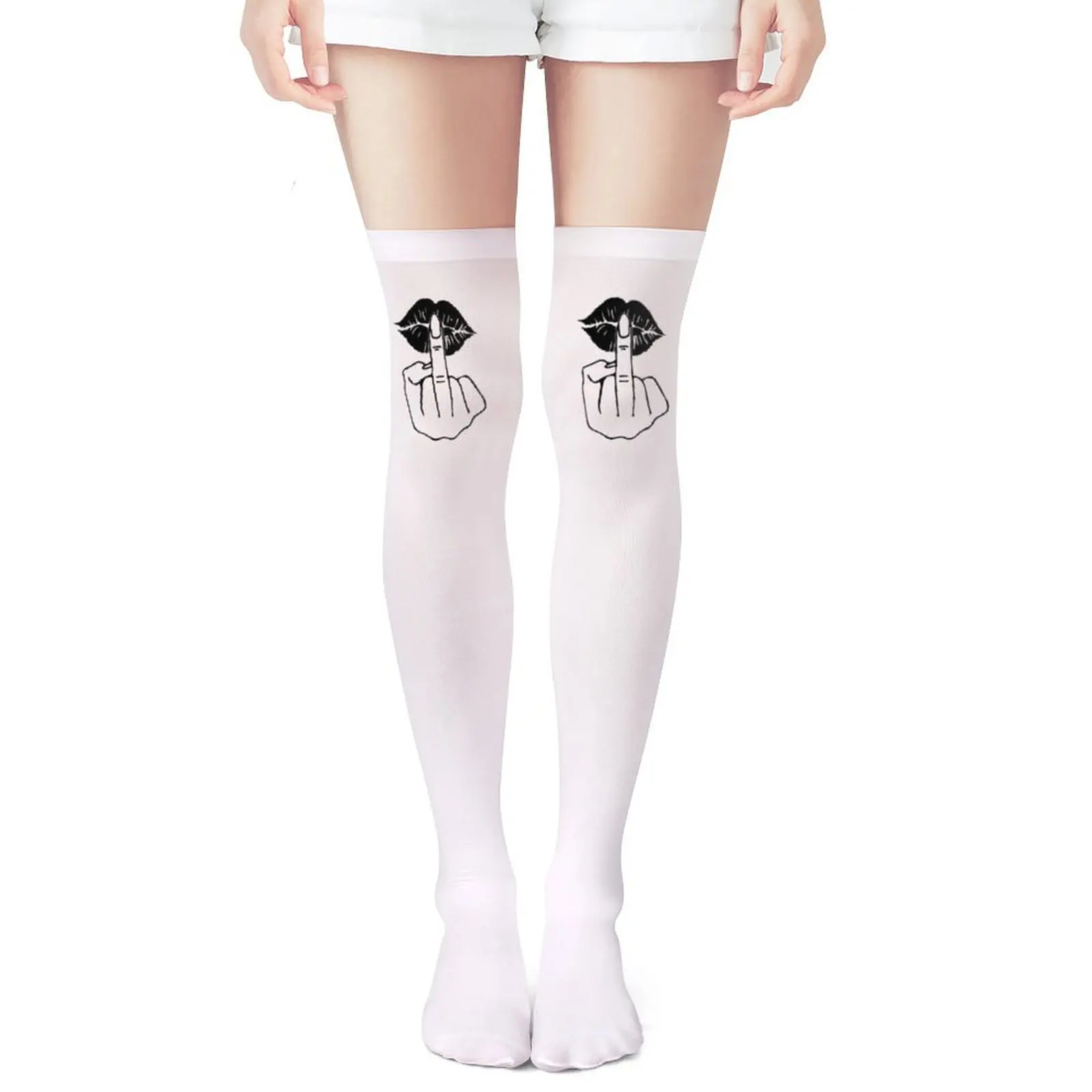 Ladies' white middle finger, red lip print thigh socks, provocative and innovative over the knee socks, adult breathable socks view 6