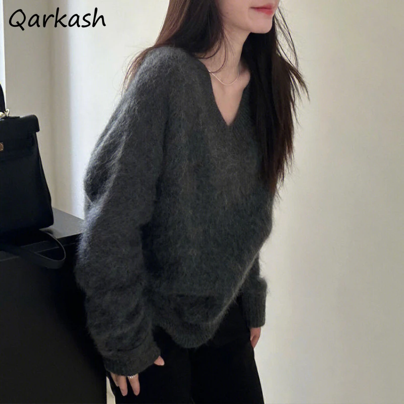 Pullovers Women Furry Winter V-neck Elegant Soft Cozy Leisure Gentle Vintage Loose Ladies Sweaters All-match Korean Fashion Knit