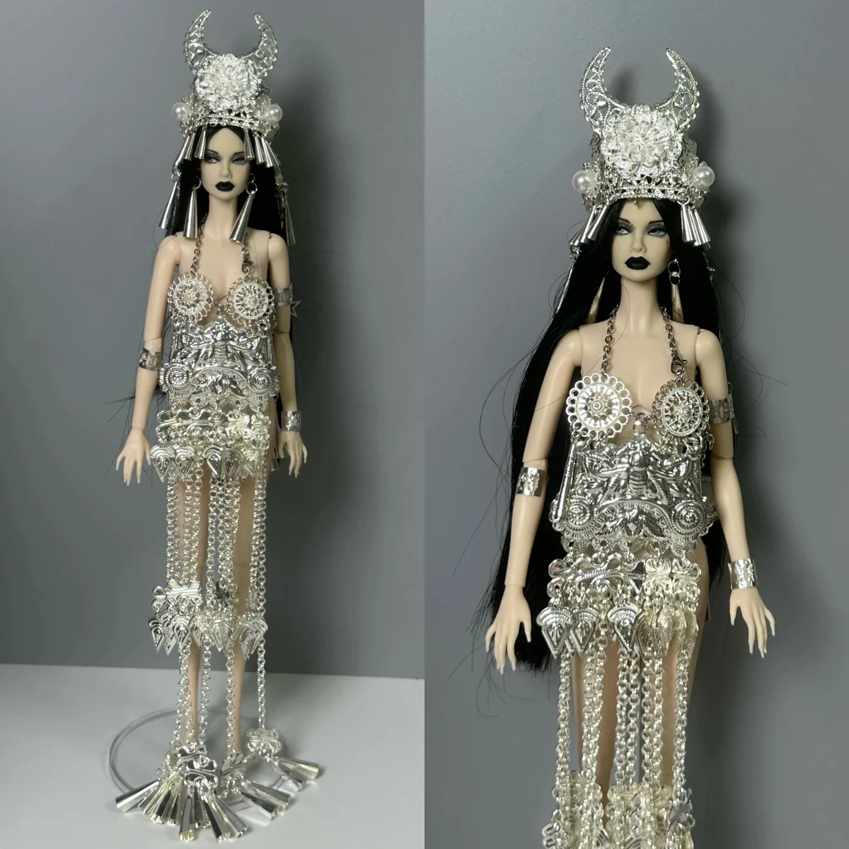 

Роскошное вечернее платье в экзотическом стиле с серебряными украшениями и бахромой + комплект головных уборов для куклы-супермодели 1/6 FR Babi, детали одежды для куклы