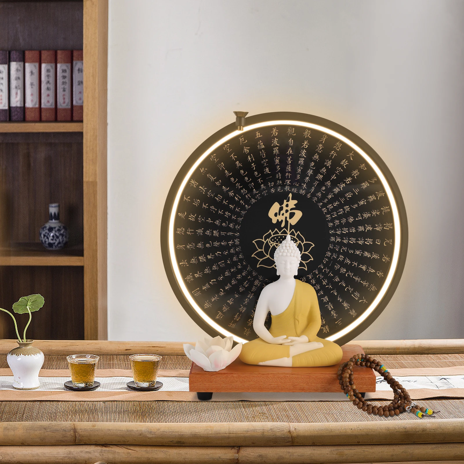 

White+Black+Wood Color+Yellow Buddha Statue Decoration, Ceramic Buddha Statue for Home Décor, Buddha Statue with Circle LED Lamp