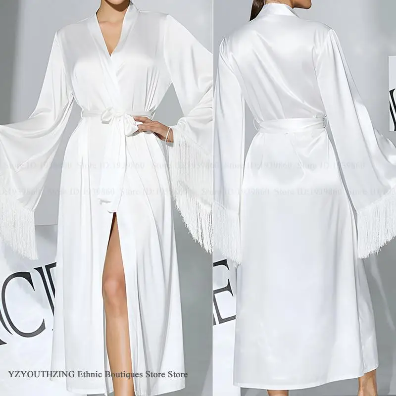 

Elegant Tassel Sleeve Bride Wedding Long Robe Sleepwear Sexy Silk Satin Bathrobe Nightgown Loose Home Dress Lounge Wear Lingerie