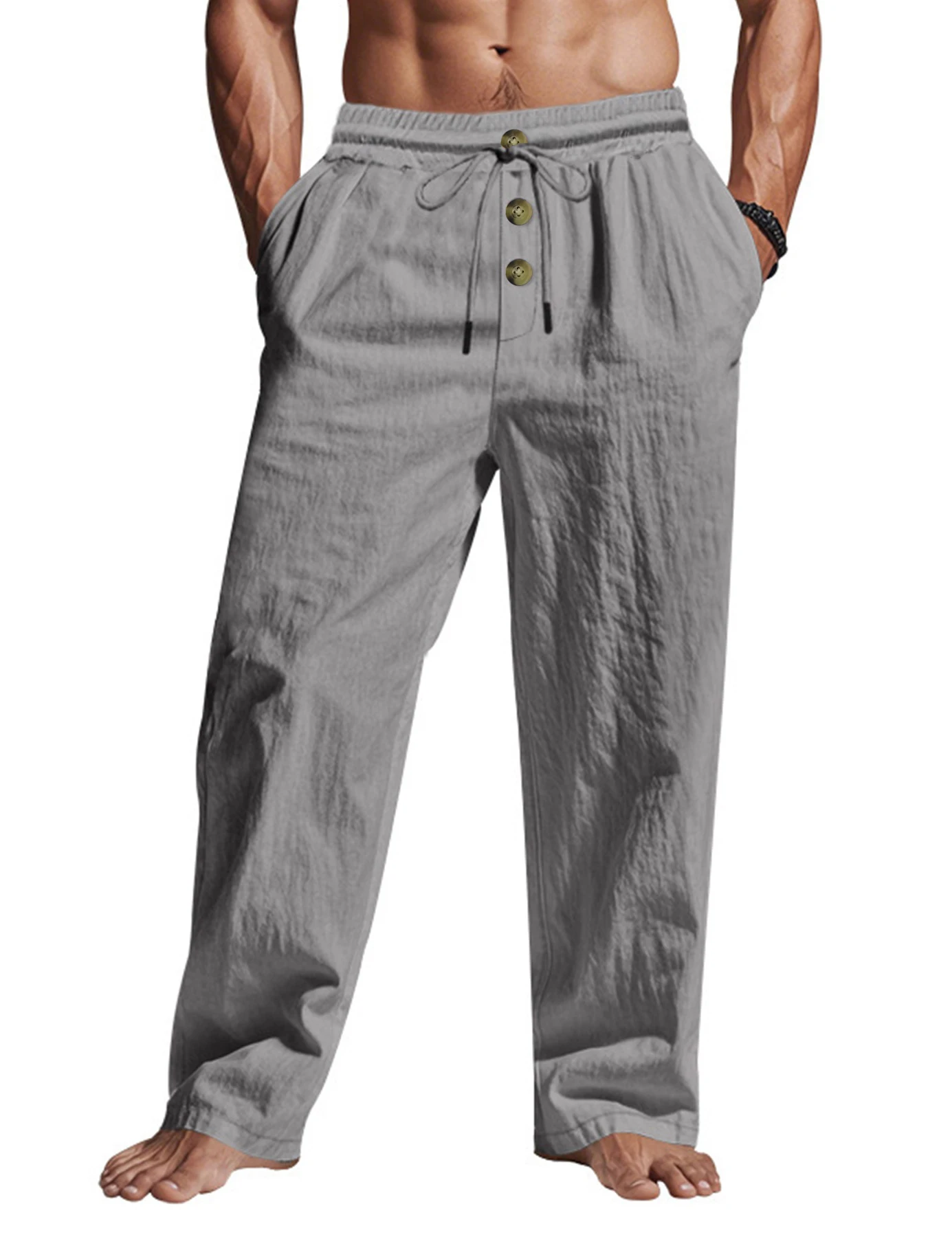 Men Lightweight Wrinkle‑look Trousers Loose Straight Leg Pants Elastic Waist Drawstring Beach Vacation Pants Men crinkle pants