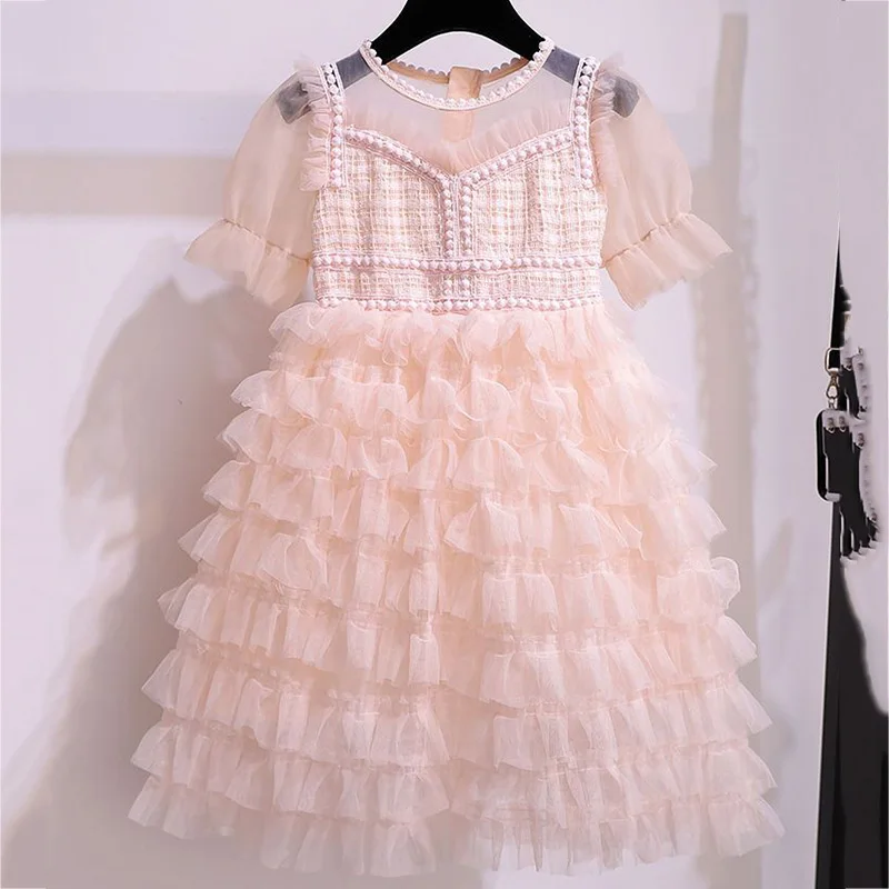 

Lovely Sweet Children's Clothing Lace Splicing Round Neck Pink Short Sleeve Summer Girls Hollow Out Zipper Midi Cake Dress