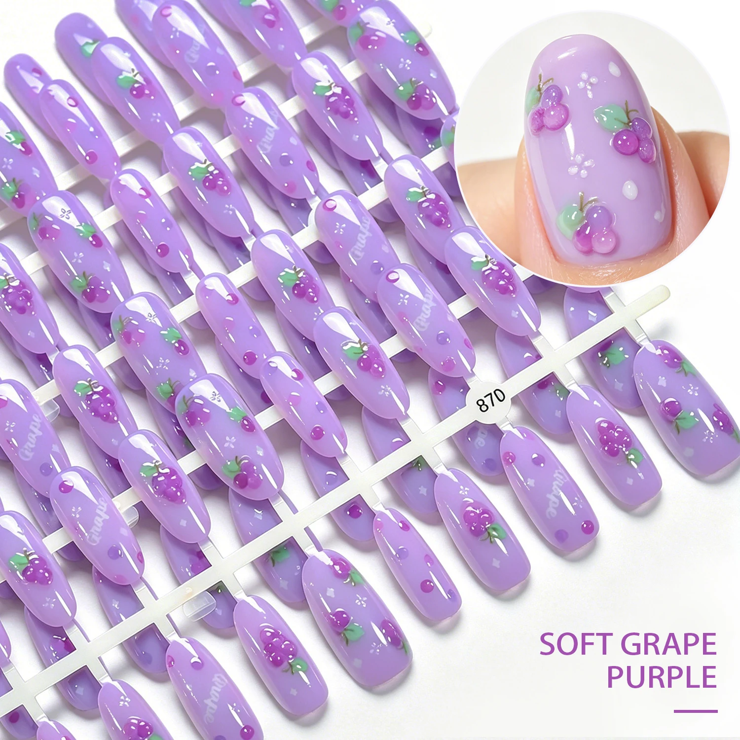 150Pcs Purple Grape Medium Oval Press On Nails Almond Shaped Full Cover Fake Nail Summer Fruits Wearable False Fingernails Tips
