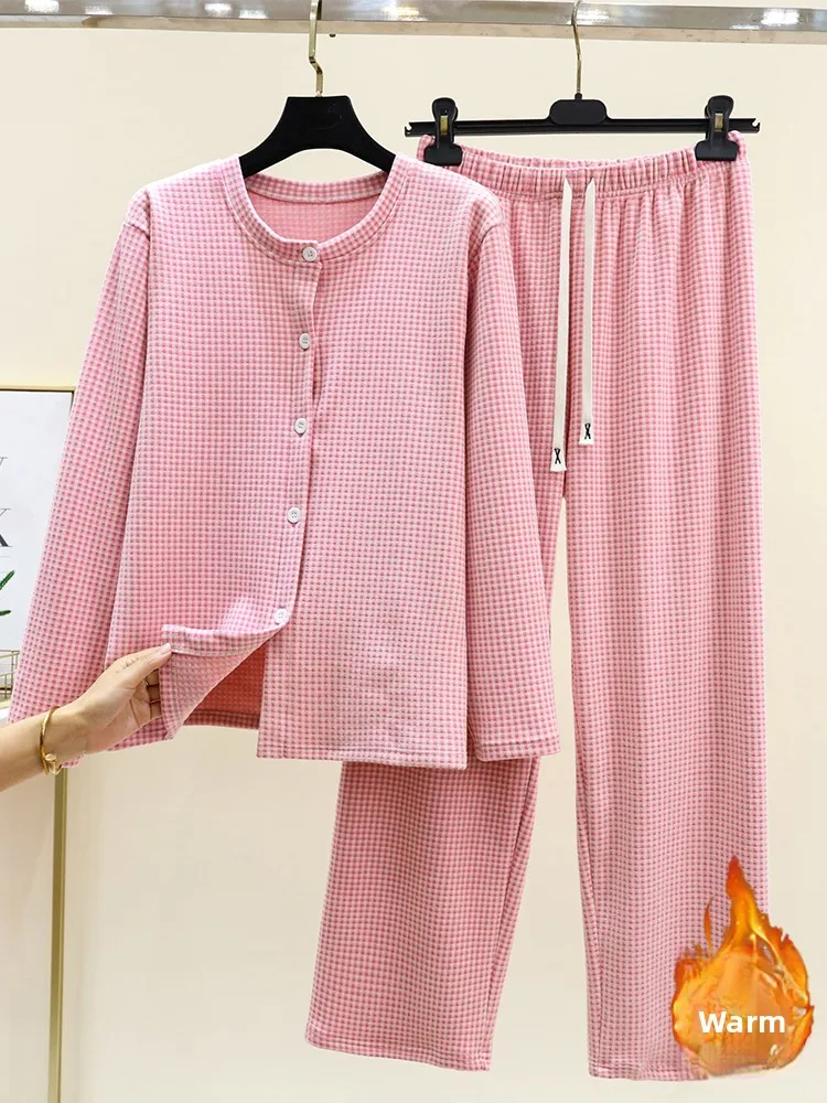 Double-Sided Fleece Home Clothes Set Women's Winter Thickened Plush Home Open Cardigan Long Pants Checkered Nightgown Two-Pie...