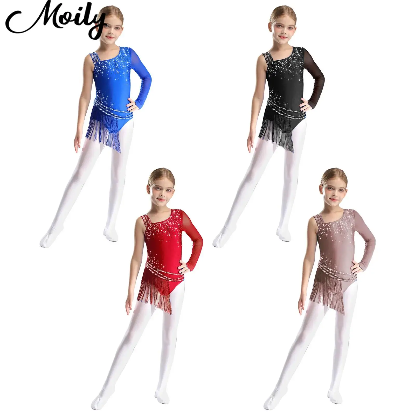 

Girls Latin Lyrical Modern Dance Costumes Glittery Rhinestones Irregular Tassel Bodysuit Ballet Figure Skating Performance Wear