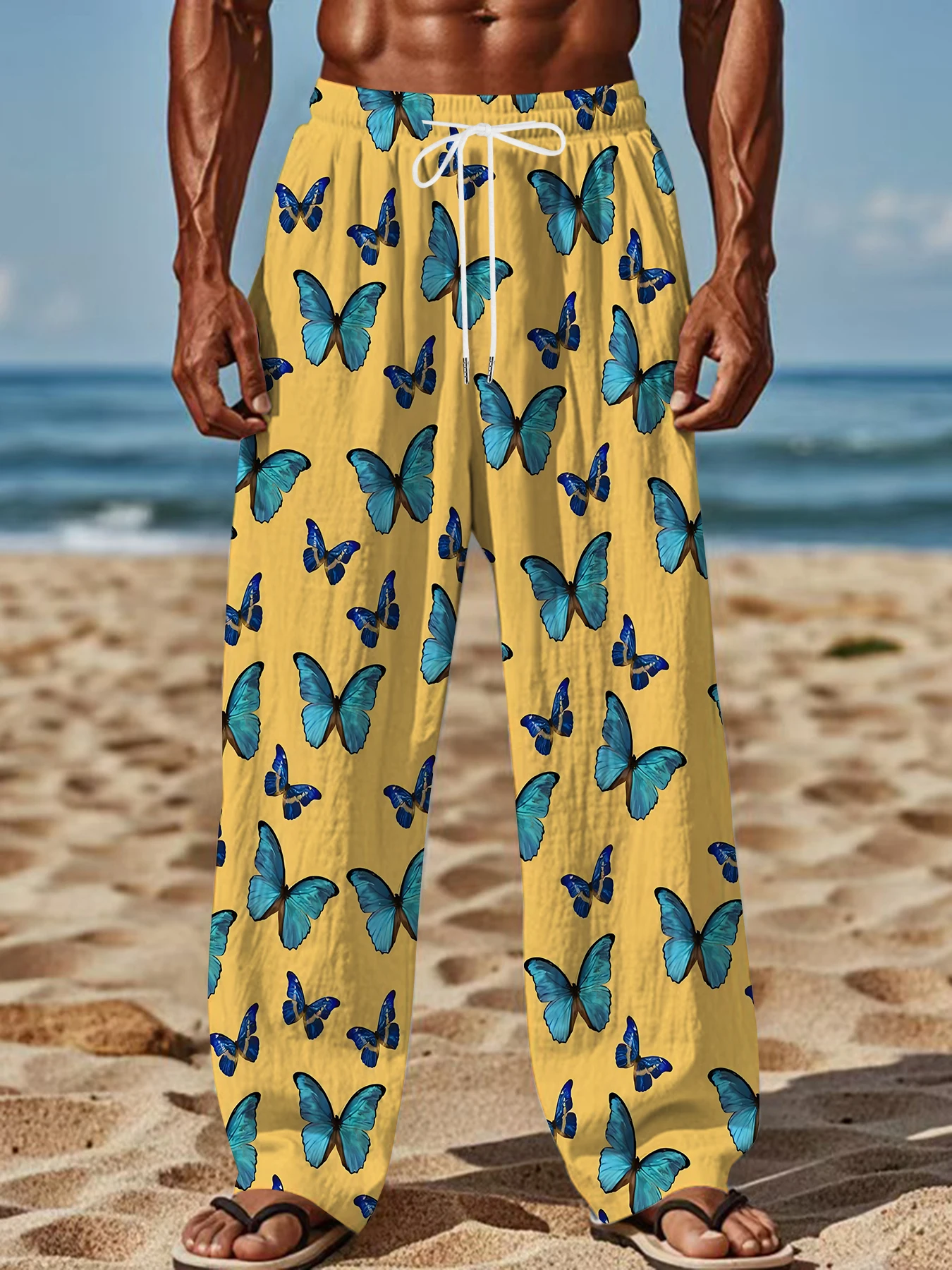 

2026 Men's Printed Straight Leg Pants Abstract Wave Design Drawstring Waist Loose Fit Summer Beach Casual Lightweight Trousers
