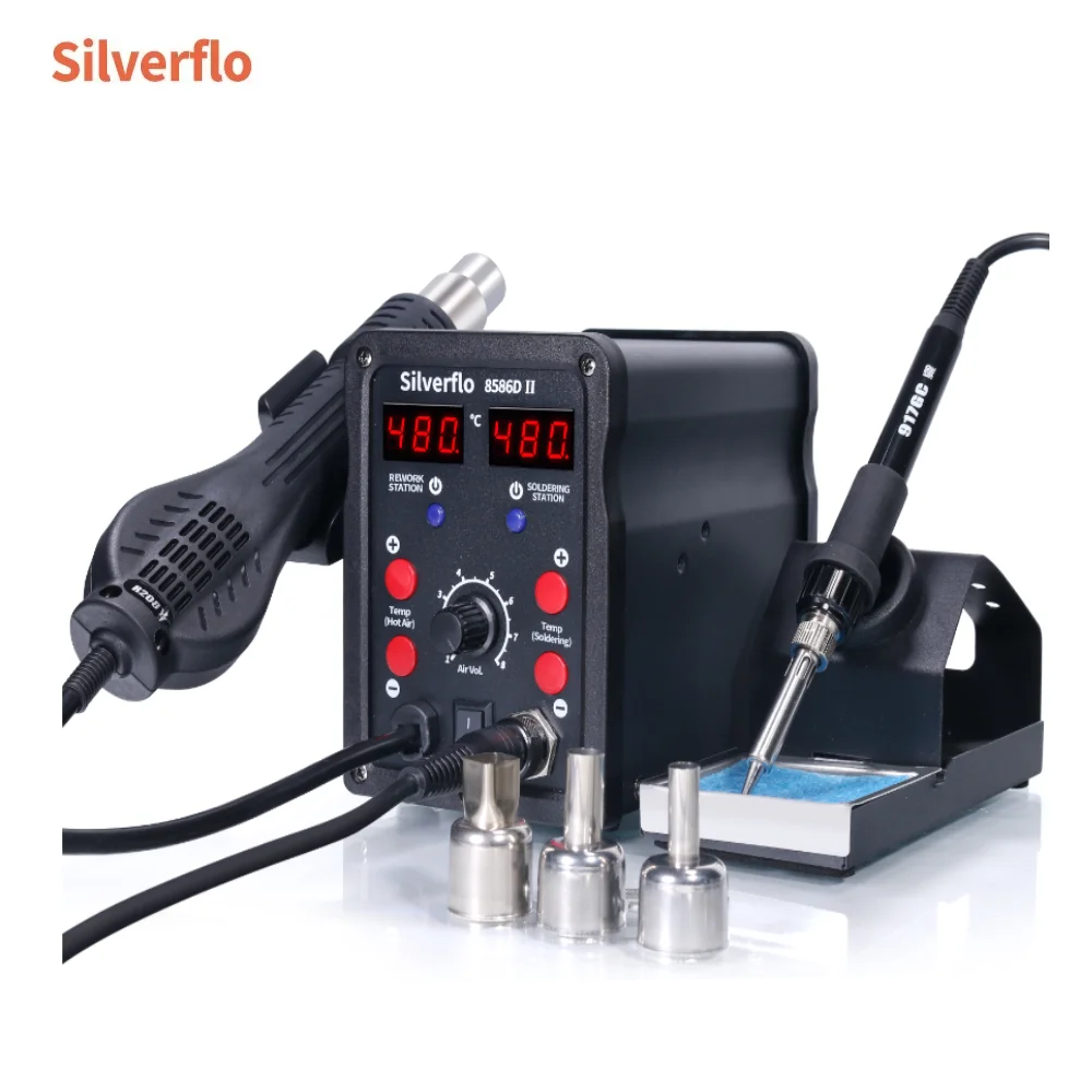 Silverflo 8586D-II Soldering Station 2 IN 1 Soldering Iron Hot Air Station Welding Rework Station with10-Minute Sleep Mode