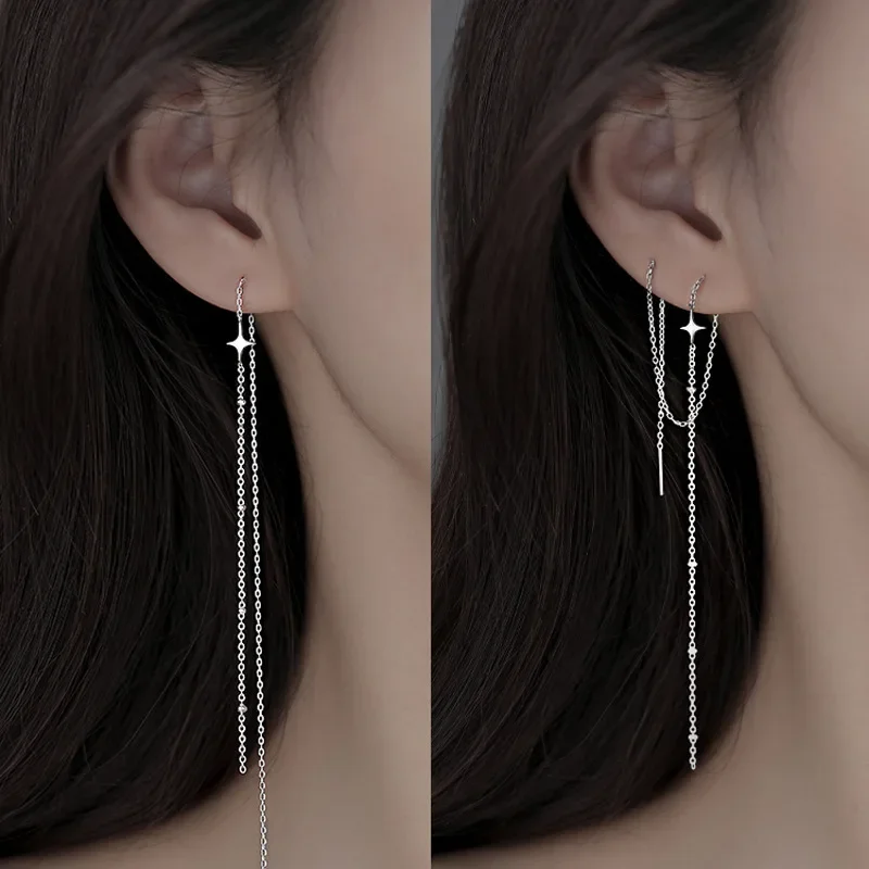 1/2pcs Copper Star Threader Earrings for Women Long Tassel Chain Drop Ear Line Silver Color Minimalist Daily Wear Party Jewelry