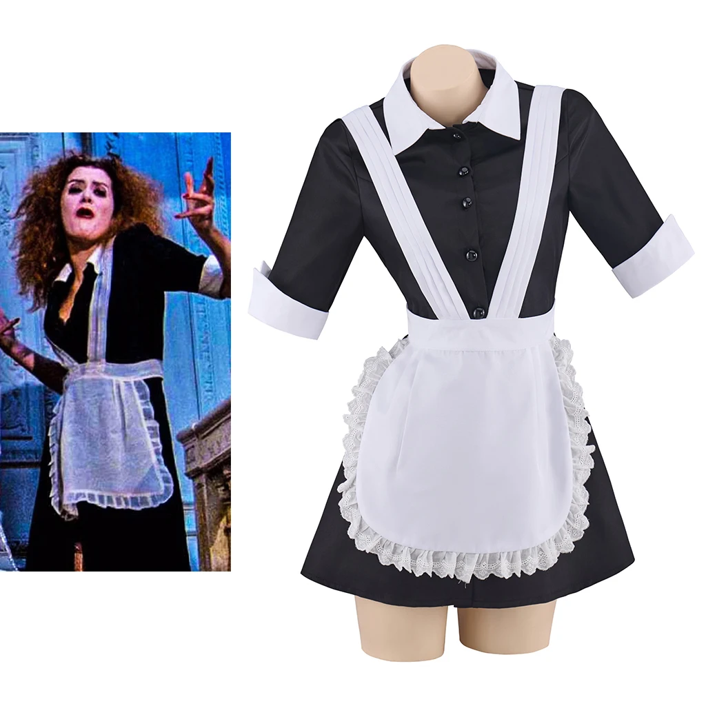 Disfraz de Rocky Musical de Terror, Color Magenta, Uniforme de Sirvienta Negra para Mujer con Delantal, Vestido de Fiesta de Halloween, Vestido de Camarera