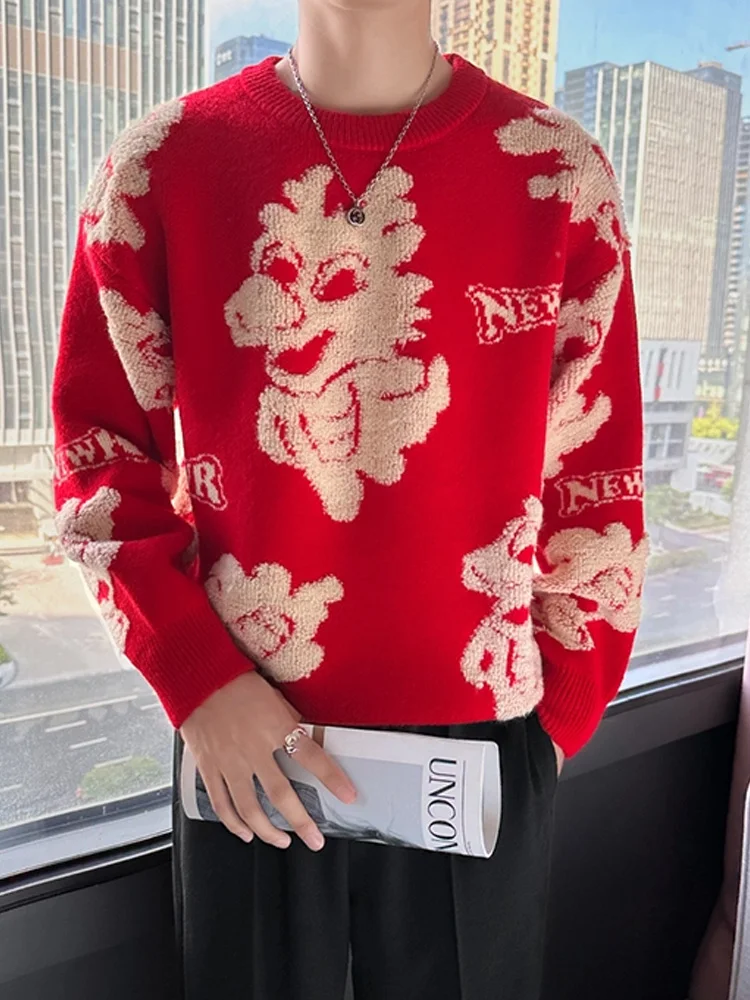 

Красный круглый вязаный мужской зимний свитер на Год Дракона, премиум-класса, модный, новый, 2023, свободный крой