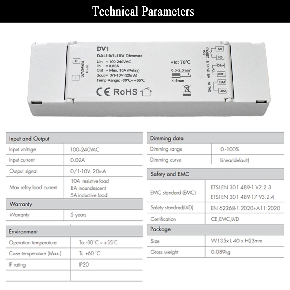 DALI 0/1-10V LED Dimmer 1 CH 0-10V 1-10V Output Compliant DALI Device Type 5 Dimmable LED Drivers for Single color LED Strip