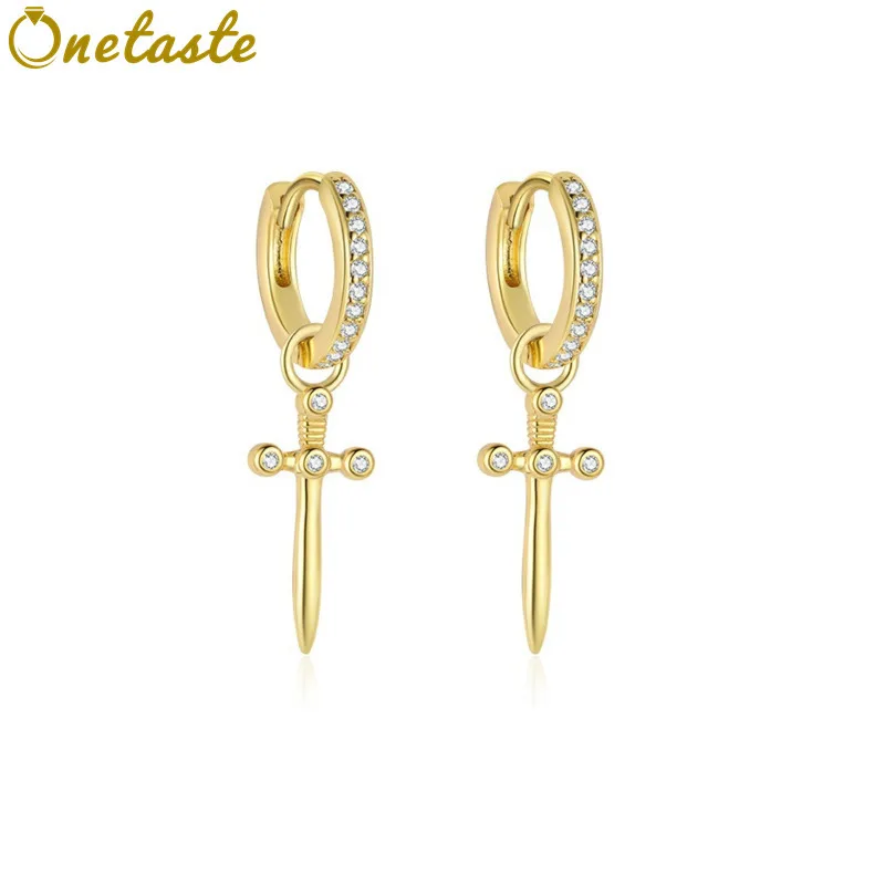 

S925 Silver Gold Plated Cubic Zirconia Cross Sword Charm Huggie Hoop Earrings Women Trendy Lightweight Stack Earring Party Gift