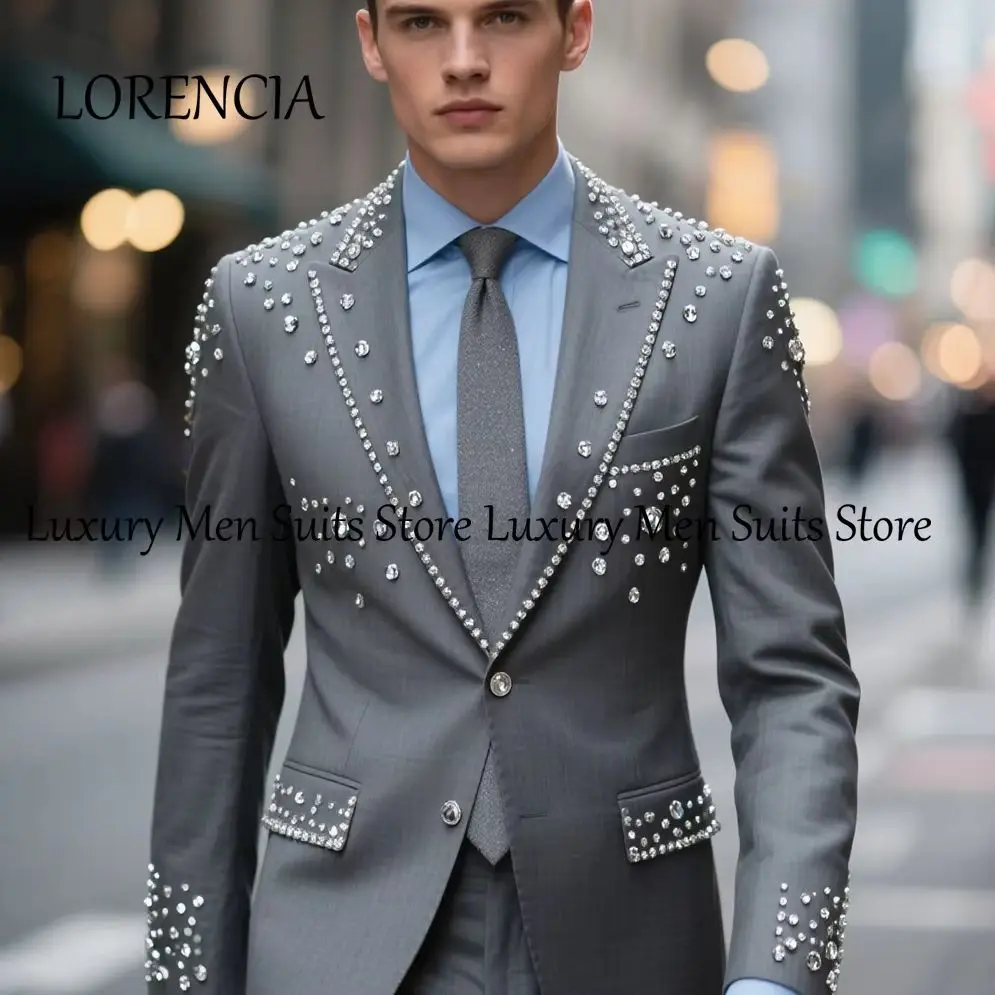 

Sparkling Rhinestone Men Suits 2 Pieces Single Breasted Tuxedos for Wedding Groom Customized Blazer Pants costume homme luxe