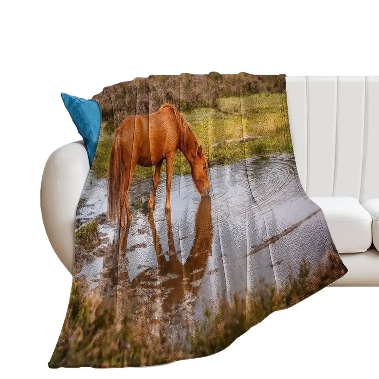 New Forest pony at waterhole with reflection Throw Blanket Single warm for winter Blankets