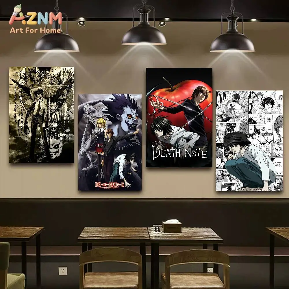 AZNM Anime Death Note Frameless Canvas Print, Retro Ryuk Light Yagami L Red Apple Wall Art, Japanese Manga Comic Home Decor Post