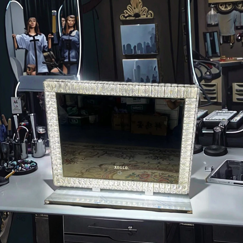 Makeup Mirror,Tabletop LED Light Smart Touch Sensor,Crystal Diamond Vanity Mirror with 3 Mode Dimmer,Silver