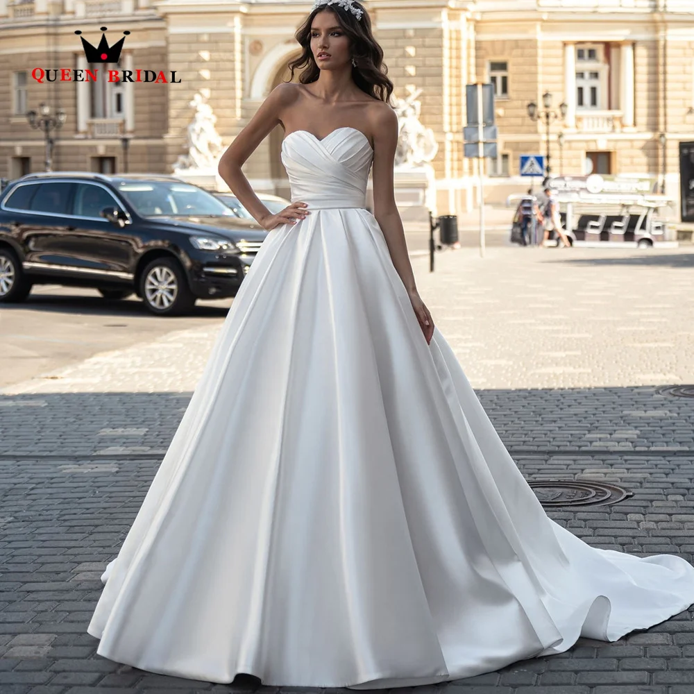 

Elegant Satin Strapless Wedding Dress A-Line Sweetheart Bride Gown Backless Princess Bridal Dress Vestidos De Noiva DX43