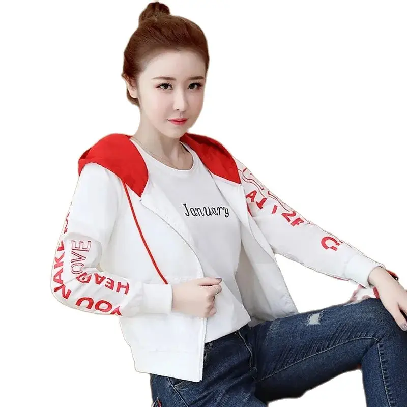 Hooded Letter Print Women's Coat Autumn New Fashion Leisure Wild Jacket Baseball Uniform Schoolgirl's Outerwear Miss Top