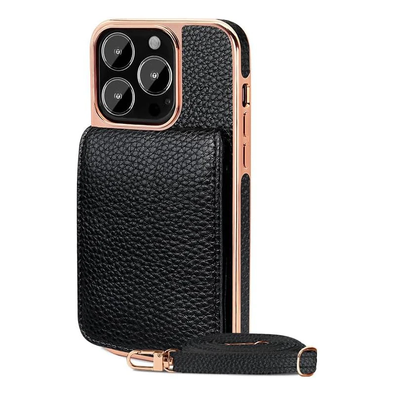 Wallet Case for iPhone 15 14 Series, Top Litchi Grain Leather Cover with Card Slot Kickstand Shoulder Strap Fashion Phone Case