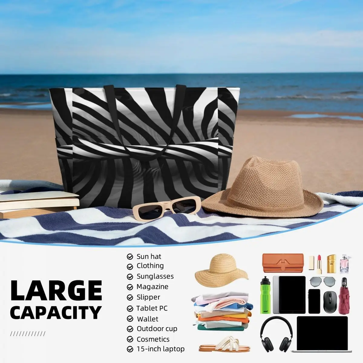 กระเป๋าโท้ททรงกระบอก 3 มิติ ลายภาพลวงตา สำหรับใส่ของไปทะเล เล่นกีฬา ออกกำลังกาย โยคะ กระเป๋าเดินทางขนาดใหญ่สำหรับผู้หญิง กระเป๋าฟิตเนส