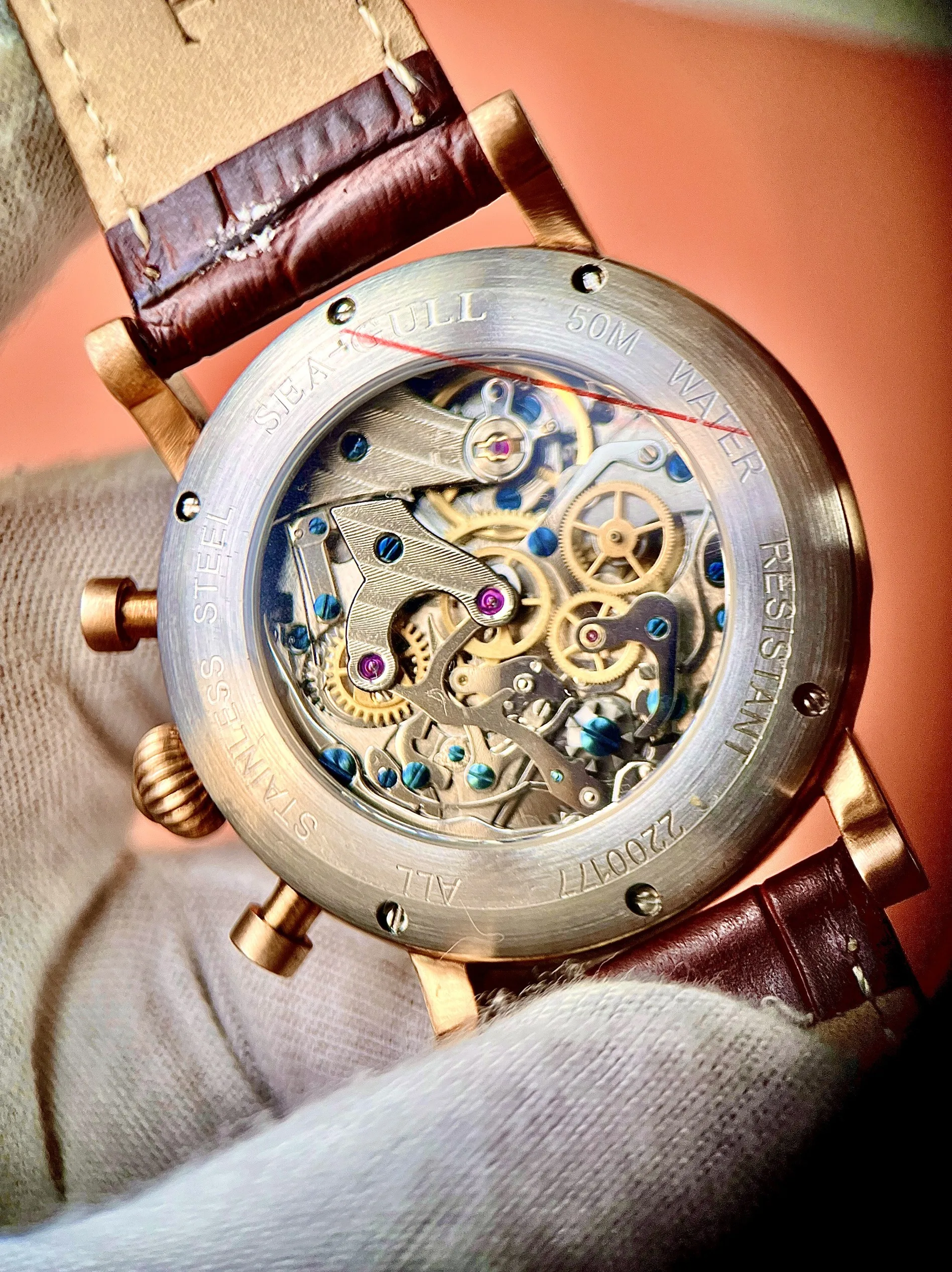 42mm Tin Bronze Moon Phase Watch, Manual Chronograph Movement, 50M Waterproof, Sapphire Crystal, Rose Gold Butterfly Buckle Leat