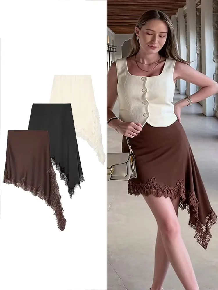 HH Women Elegant Fashion Asymmetrical Lacesplice Skirts High Waist Elastic Waist Midi Skirt Summer Casual Holiday Chic Skirts