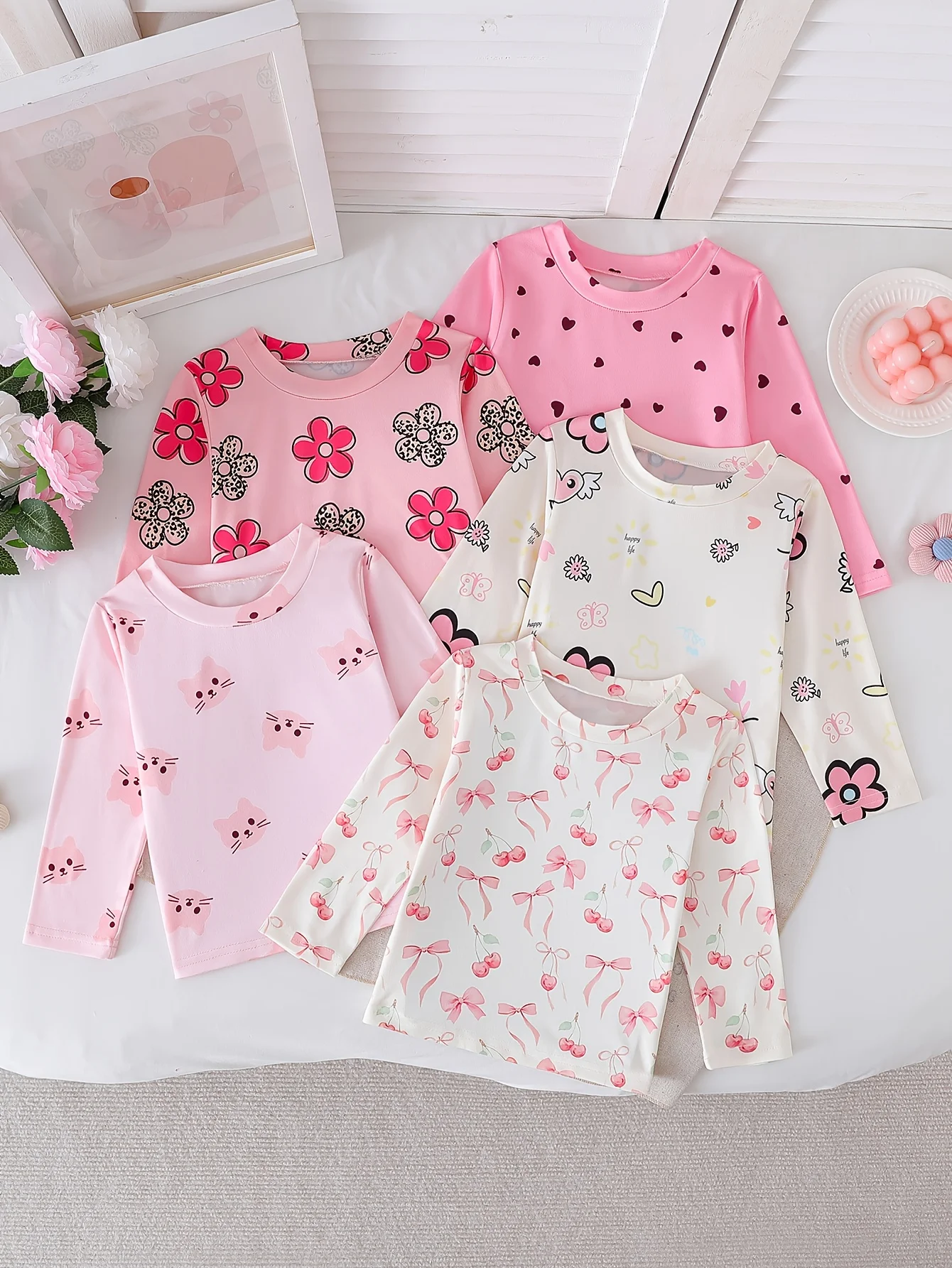 

Baby Girl Spring 5-Piece Long-sleeve Cute Printed Tees Soft Daily/Back-to-School/Outdoor Valentine/Birthday Gift