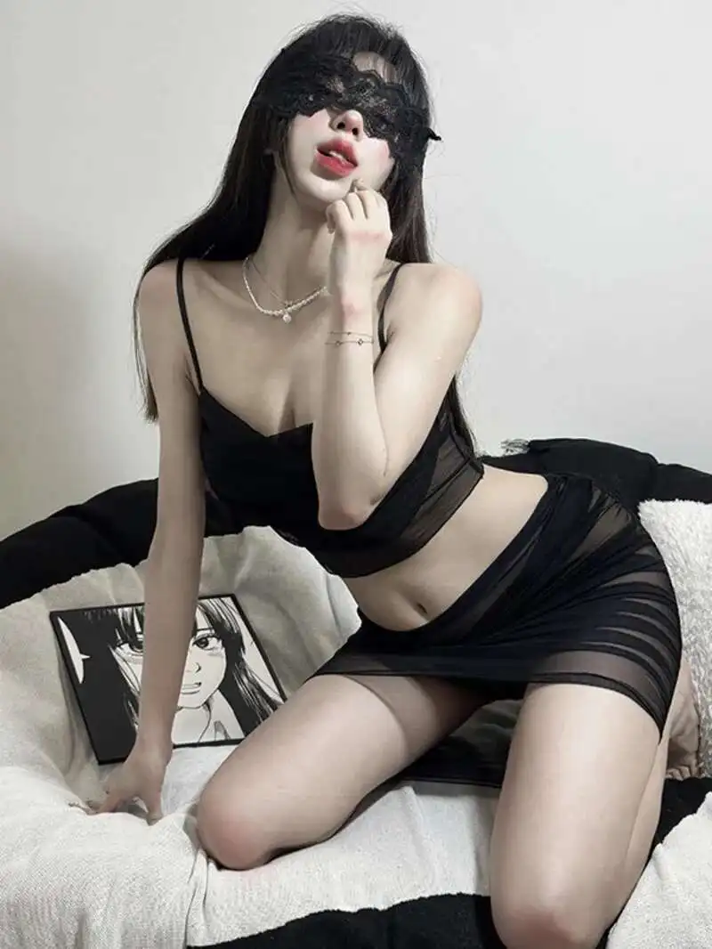 

Exotic Summer Fashion Womens Clothing 2024 New Style Strap Mesh Perspective Wrinkle Solid Color Simple Sexy Short Skirt Set U9F0