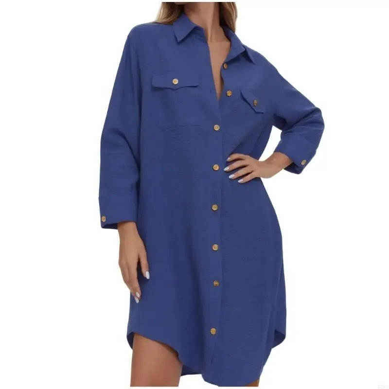 

77HE Women Long Sleeves Swimsuit Coverup Top Button Down Length Shirt With Pockets Shirt Dress