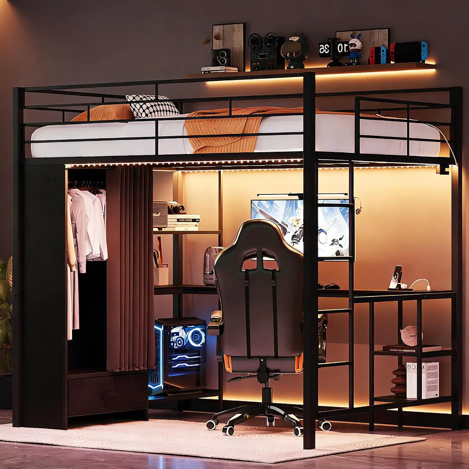 Queen Loft Bed with Wardrobe Curtain 15