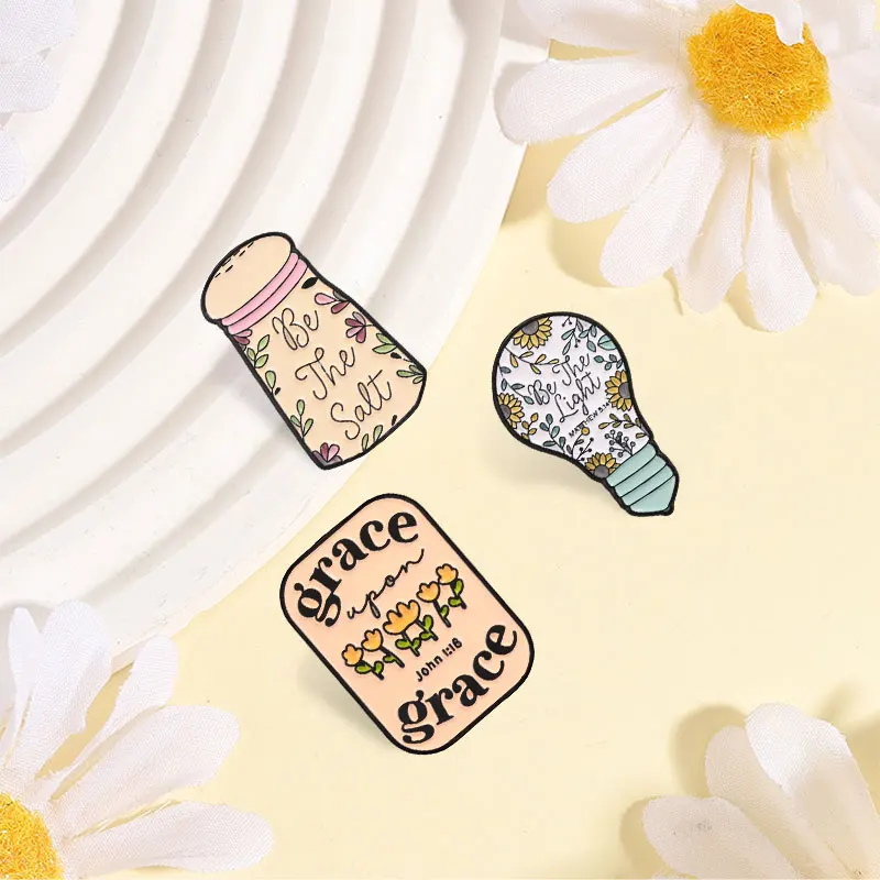Be The Light Salt Grace Upon Grace Badge Enamel Pin Light Bulb Salt Shaker Floral & Christian Biblical Verse Brooch Lapel Badges
