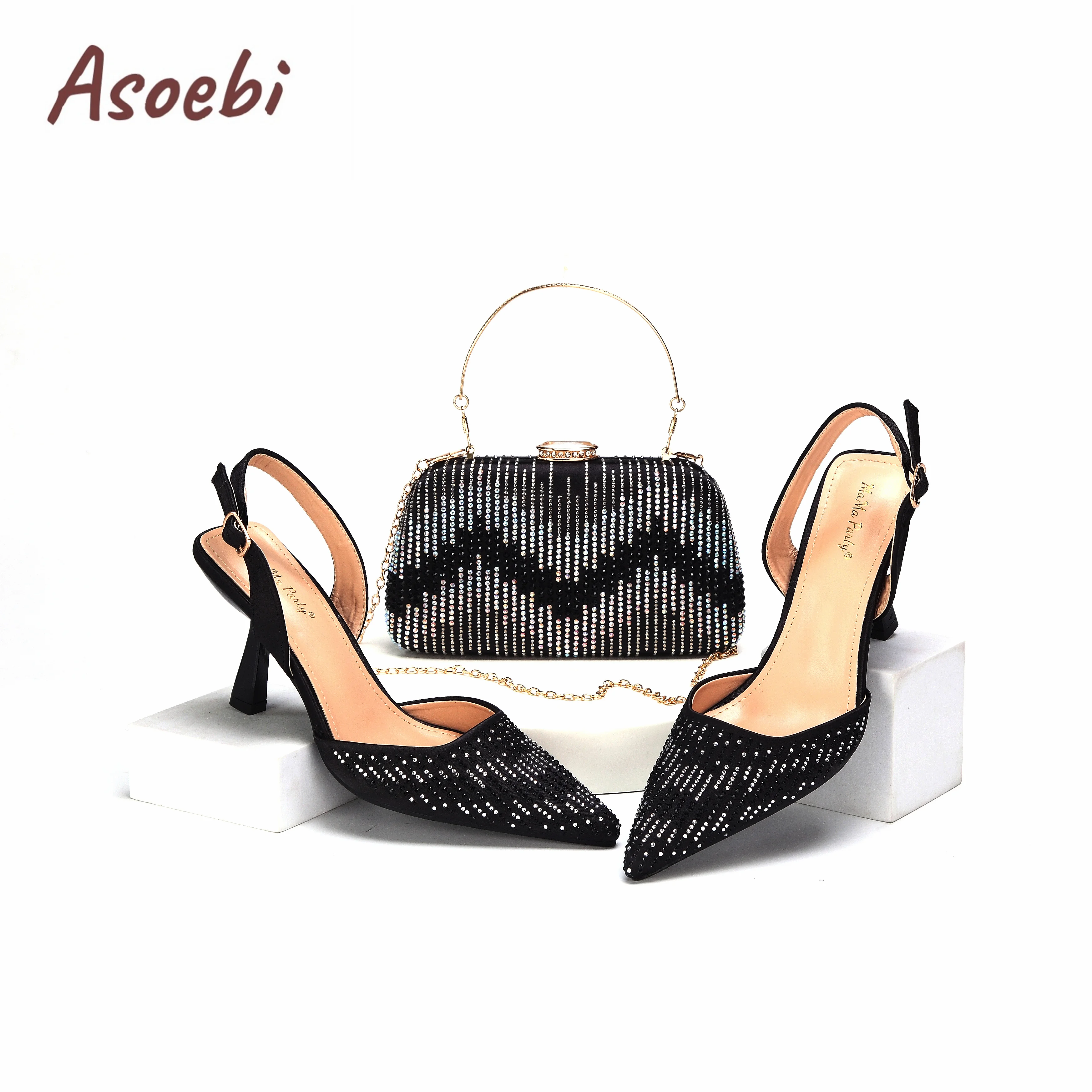 2024 Fashion Black High Quality Pointed Toe Thin Heels Shoes Matching Bag Set For Nigerian Party Women