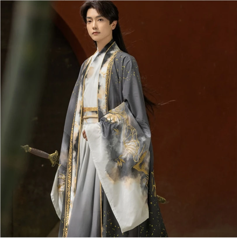 Hanfu gris estampado para hombre Wei Jin vintage, manga grande, exquisito bordado, ropa de rendimiento diario, vestido tradicional chino