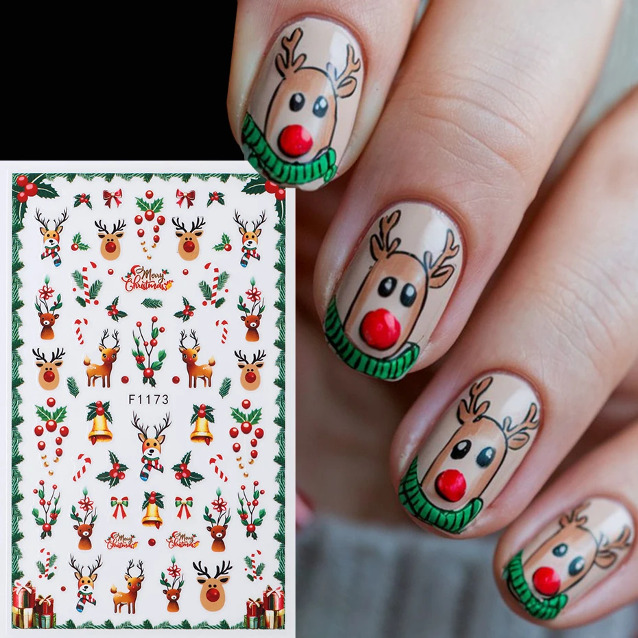 5 Stück 3D-Cartoon-Weihnachtsmann-Hirsch-Nagelaufkleber, Weihnachtsbäume, Glocken, selbstklebende Schieber für Nägel, Kawaii, Winter, Maniküre, Nageldeko
