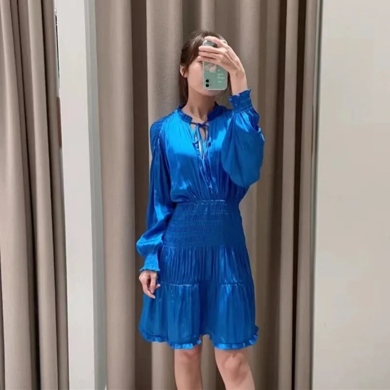 

Women's V-neck Blue Lace-up Mini Dress Early Spring Long Sleeve Office Ladies Elastic High Waist Party Ruffles Trim Short Robes