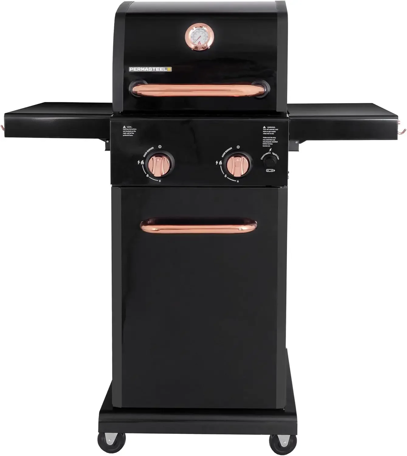 2-Burner Gas Grill, Foldable Side Tables, Grilling Tool Hooks, Propane Gas Barbecue Grill, Black with Copper Accent