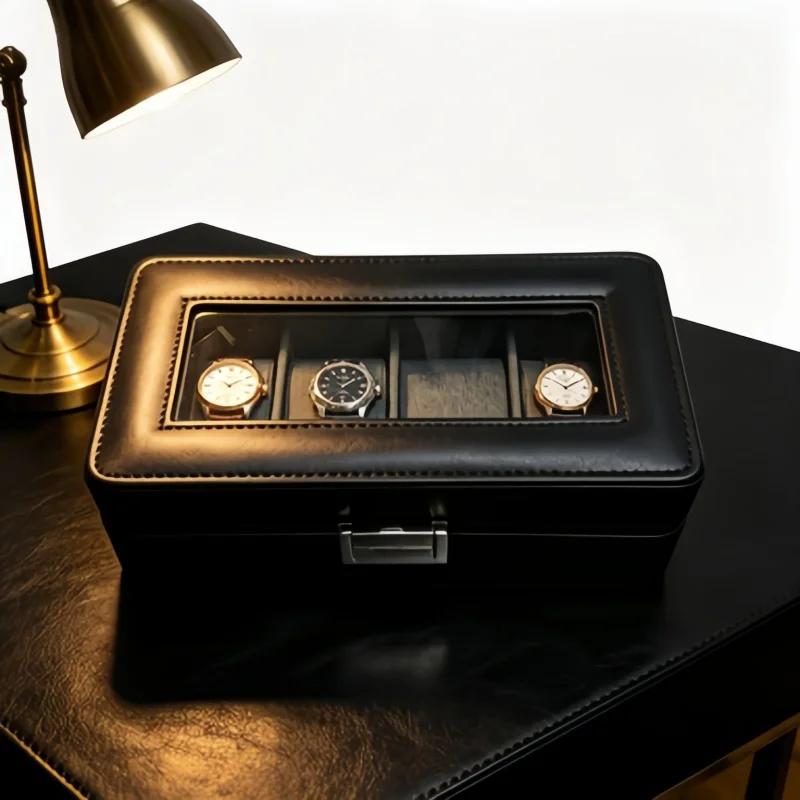2-piece Set: PU Leather Watch Storage Box with Transparent Visual Window & Four Compartments + Elastic Self-storage Pouch