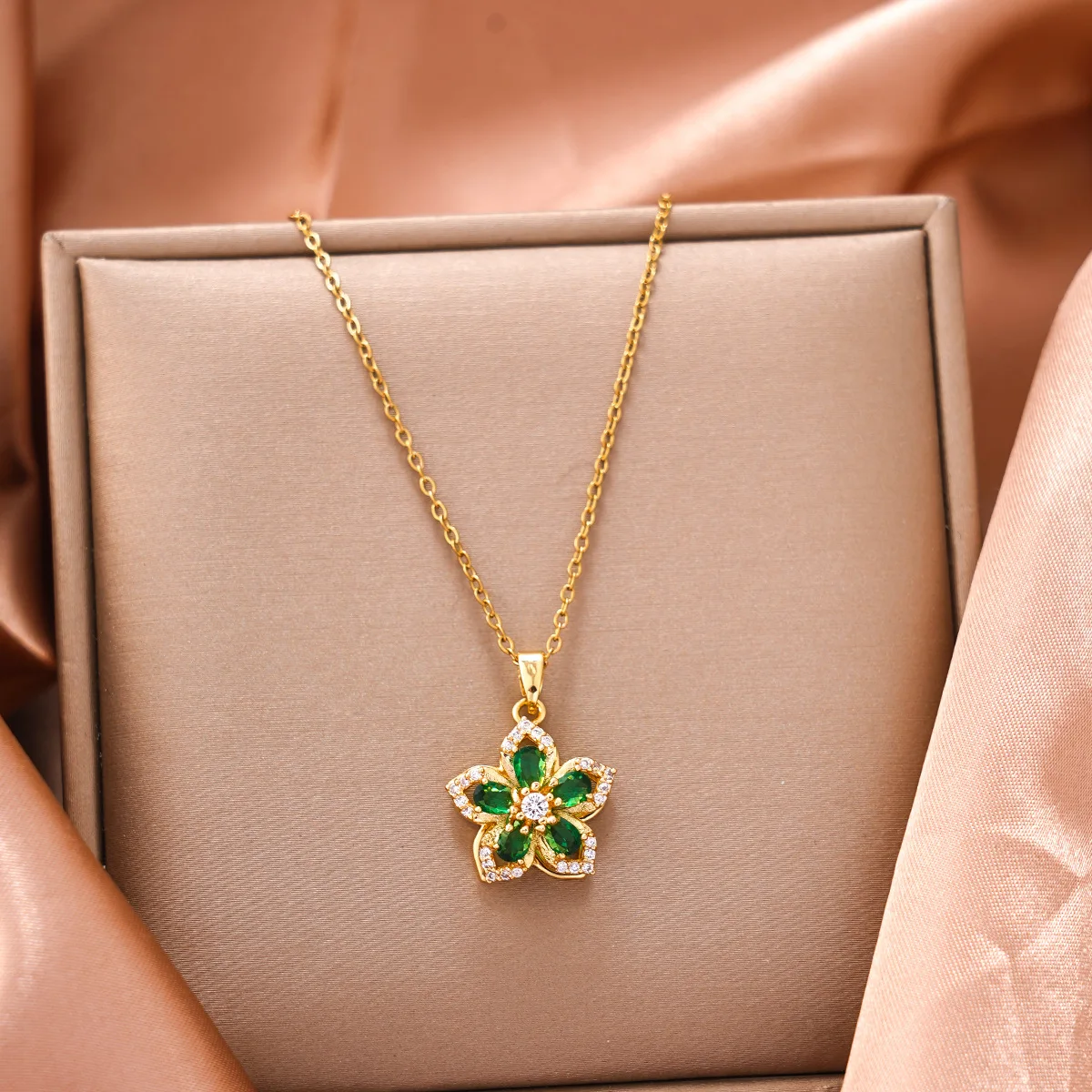 Gold color Stainless Steel Rotatable Flower Zirconia Pendant Necklace Charm - Romantic Luxury Jewelry for Women And Girls image 5