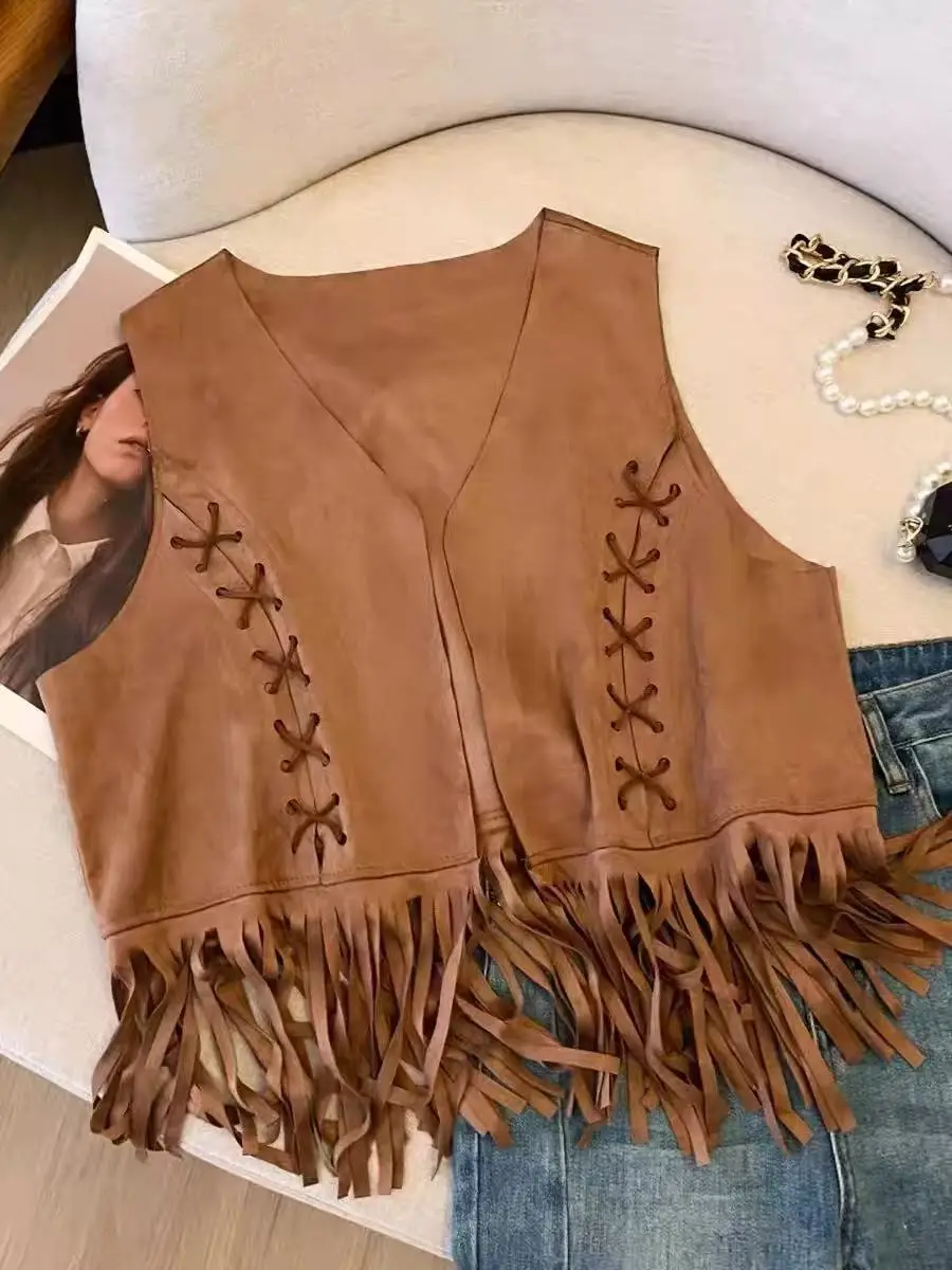 

Womens Vest Lace up Fringe Waistcoat