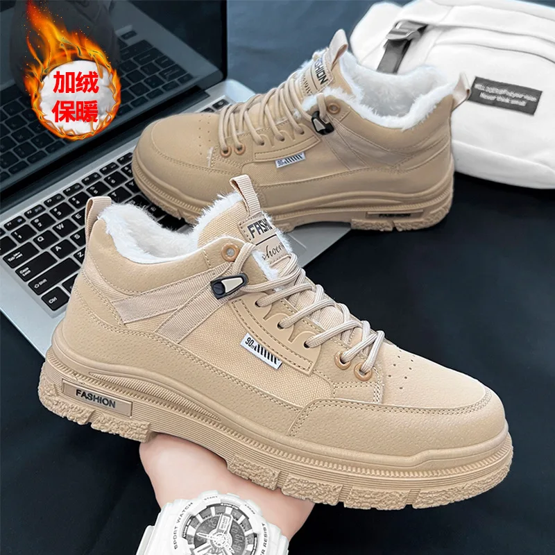 Men's shoes winter fashion thick soled shoes student mid top lace up sports and casual shoes with plush British style men's shoe