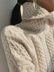 Autumn and winter new cashmere sweater women's turtleneck twisted flowers inside a loose lazy wool pile neck thick sweater