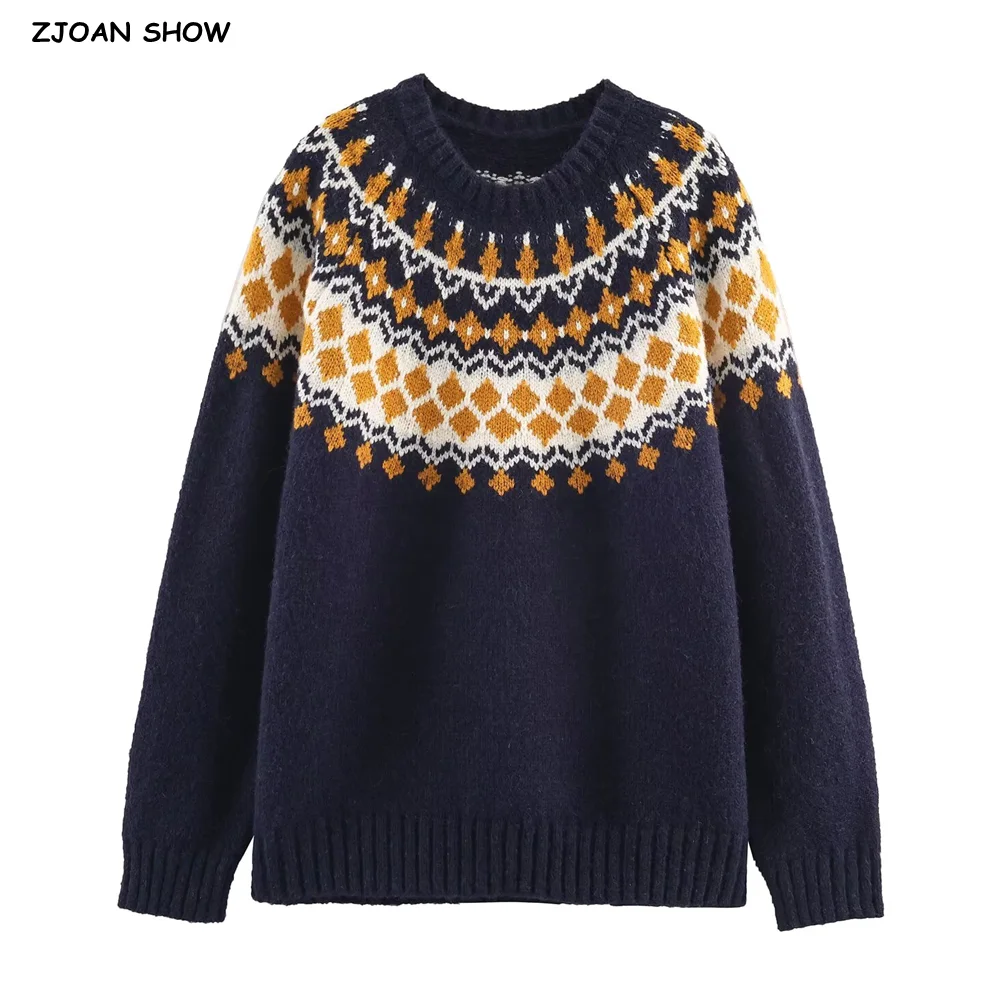 جديد الخريف الشتاء المرأة الياقة المستديرة هندسية الطوطم متماسكة عيد الميلاد سترة طويلة الأكمام البلوز البلوز عادية سميكة تريكو