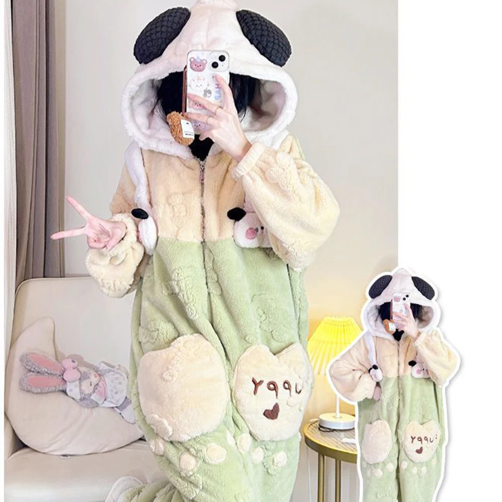 Sanrioed Pochacco Women Piece Pajamas Kawaii Anime Cartoon Plush Thicken Winter Cotton Hooded Warm Girl Home Clothes Soft Cute