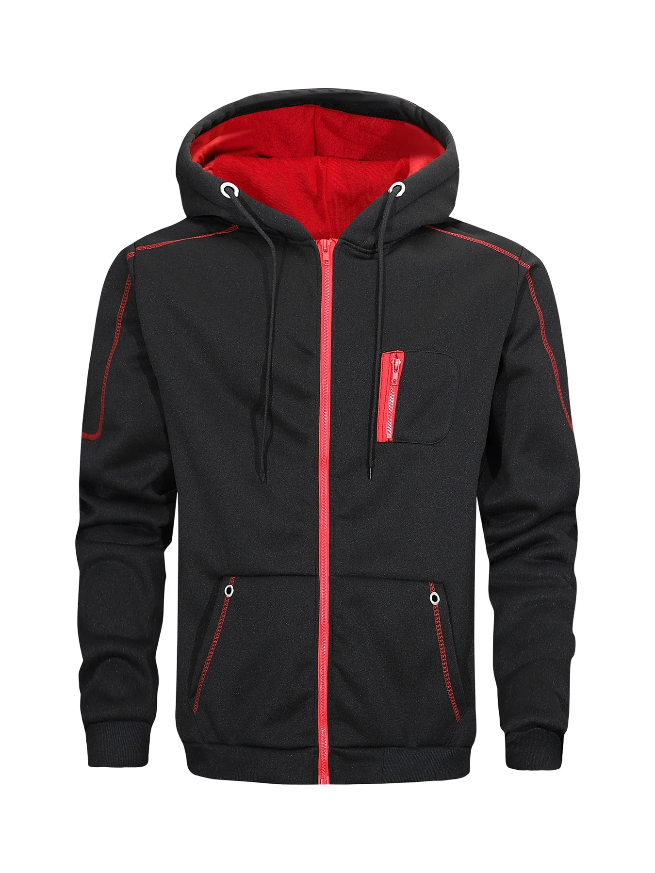Mens Contrast Color Hoodie Jacket Full Zip Drawstring Hood Casual Stitching Detail Daily Outer Coat