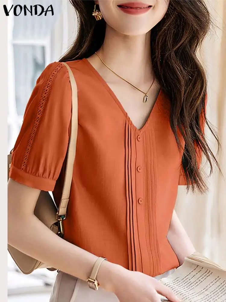 

VONDA Women Blouses Summer Short Sleeve Shirts 2024 Fashion Sexy V-neck Tops Elegant Solid Color Blusas Feminians Casual Tunic